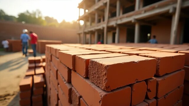 Close-up of red clay bricks stacked at a construction site. Building materials for a new property. Unfinished structure in the background with warm sunlight.