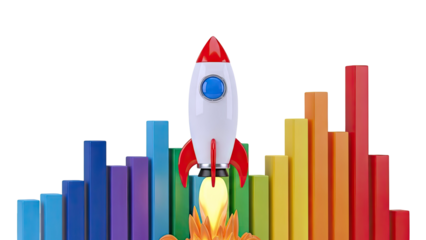Rocket Launching Over Colorful Bar Chart