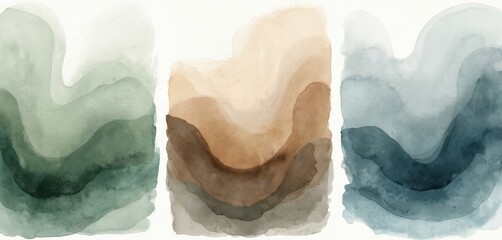 Watercolor abstract background set features three paintings. Triptych design displays unique artistic textures, blending hues. Versatile illustration suits diverse creative projects like invitations,