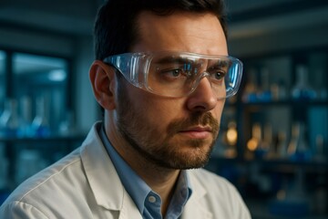 Focused man in a white lab coat and protective eyewear analyzing data or observing an experiment in a science lab