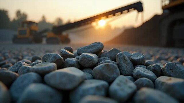Cinematic macro shot of gravel with a blurred industrial background. A conveyor belt and heavy equipment silhouetted by the rising sun