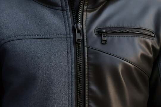 Black jacket showing contrasting faux leather and softshell fabric textures with zippers and precise stitching detail