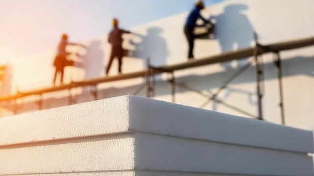 Close-up of styrofoam insulation boards on a construction site. Workers installing thermal panels on a building facade in the background. Energy efficiency concept