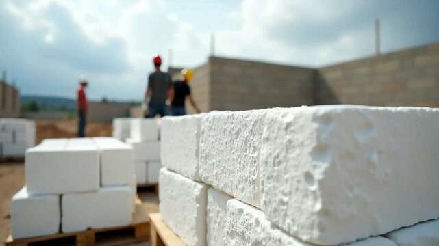 Close-up of white silicate bricks at a construction site. Blurred workers building a house foundation in the background. Building materials and labor industry concept