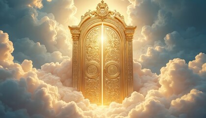 Obraz premium Majestic golden door to heaven set against fluffy clouds. Bright light emanates from behind the closed entrance. Divine illustration depicts spiritual afterlife concept dream fantasy.