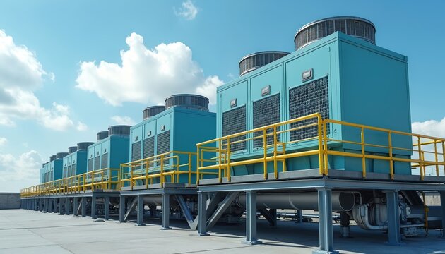 Industrial air conditioning units installed on rooftop platform. The equipment provides cooling. Blue sky with white clouds in background. Modern tech system at the facility.
