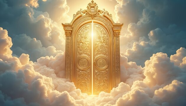 Majestic golden door to heaven set against fluffy clouds. Bright light emanates from behind the closed entrance. Divine illustration depicts spiritual afterlife concept dream fantasy.