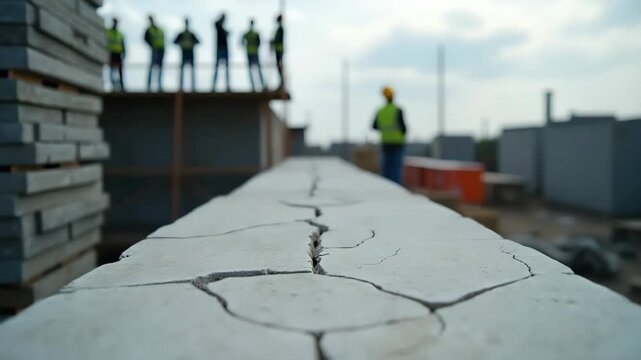 Cracked concrete slab in focus with construction workers in the background. A building defect representing poor quality materials on an industrial site. Structural risk and safety concerns