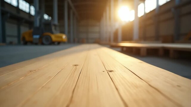A close-up sliding shot over a wooden plank in a large industrial warehouse. Lumber and construction materials with a forklift in the background under warm sunlight.