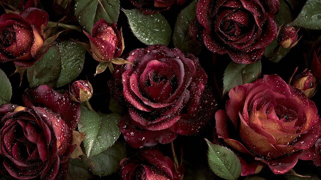 A close-up view of a bouquet of dark red roses with green leaves and water droplets on a black background. Valentine day Special - Powered by Adobe