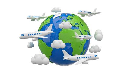 Airplanes flying around a stylized Earth with clouds