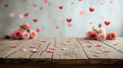 A romantic wooden table with pink roses and heart-shaped decorations on a soft background Valentine day Special
