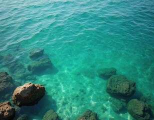 Obraz premium Clear turquoise ocean water with visible rocks under surface. Sunlight reflects, creating texture, ripple. Calm sea, transparent water. Underwater world, natural eco background.