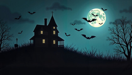 Fototapeta premium Haunted house with bats flying under full moon 
