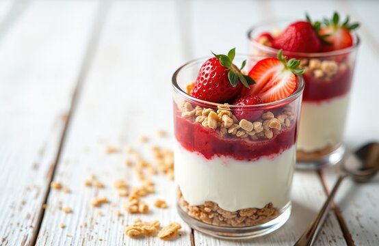 Two glasses hold layered strawberry yogurt dessert with granola and fruit jam. Fresh strawberries top creamy parfait snack. Healthy breakfast in two portions.