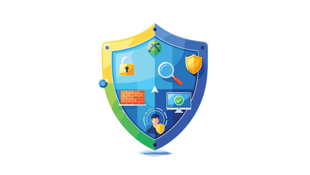 A vibrant, multi-colored shield icon prominently featuring various cybersecurity elements such as locks, a firewall, and a protected user profile.
