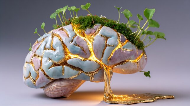Neuroplasticity brain healing sculpture of human brain broken into ceramic piece but crack being filled glowing molten gold sprouting vibrant green plant life Kintsugi metaphor growth organic