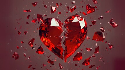 A heart shape made of red crystals is breaking apart with shards flying in various directions. The background is a solid color that highlights the heart.