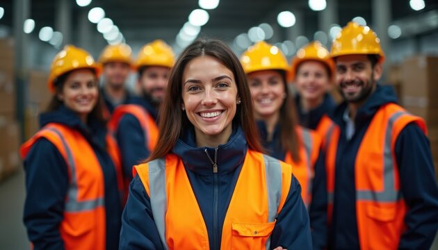 Team of happy diverse warehouse workers smiles at factory. Wear orange safety vests, yellow hard hats, ready for work. Pro group celebrates success in modern distribution center, showing