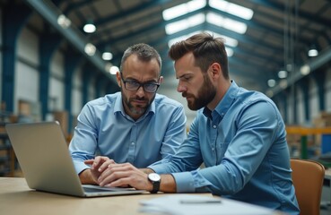 Two men collaborate, work on laptop in factory. Business partners discuss important data, plan production on computer. Engineers manage operations, analyze information in industrial warehouse. Team