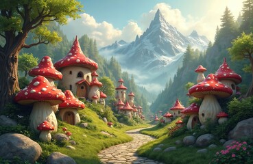 Naklejka premium Tiny village of mushroom houses nestles in green valley. Red capped toadstool homes sit on grassy hillsides below snow capped mountains. Peaceful fairy tale scene unfolds on sunny day.