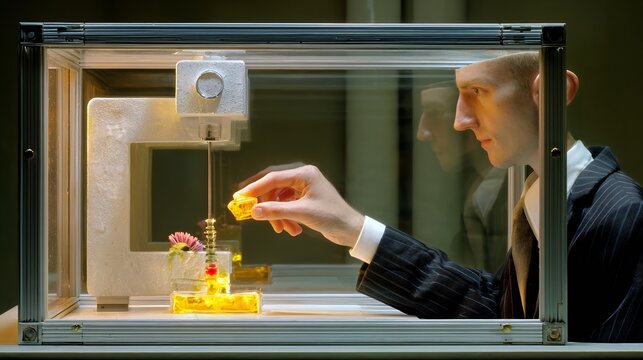 Operant conditioning Skinner human in a glass office cubicle pressing a button to receive a drop of golden liquid reimagined behaviorism experiment corporate rat race metaphor sci fi social commentary