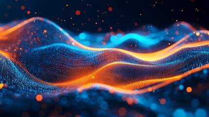 A vibrant digital illustration of glowing blue and orange waves with particles on a dark background