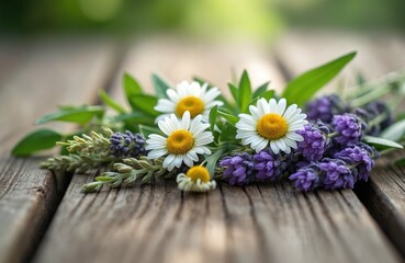 Chamomile daisies with purple lavender buds arranged on rustic wooden surface. Floral composition herbal medicine concept. Wellness products ingredients for aromatherapy session. Flowers symbolize