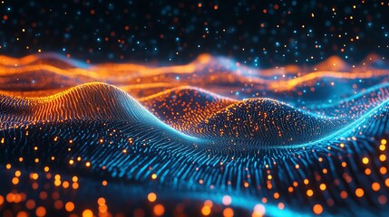 A vibrant digital landscape with glowing orange and blue lights forming wavy patterns against a dark background
