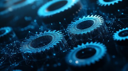 A futuristic digital illustration of interconnected blue gears with a dark background