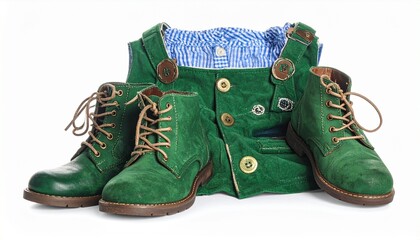 "Show neatly arranged green children’s outfit: vest with brown buttons and pockets, white collared shirt, green shorts with suspenders, matching green shoes with white soles and laces, on white backgr