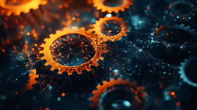 A futuristic illustration of interconnected gears and cogs in a dark, technological background with vibrant orange and blue lights.