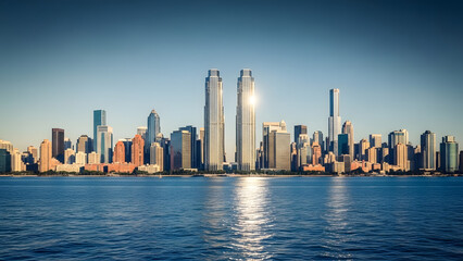 Fototapeta premium A modern city skyline with skyscrapers by the ocean at sunset