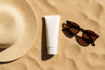 Top view of summer beach vacation items including a straw hat, sunscreen bottle, and stylish sunglasses on sand