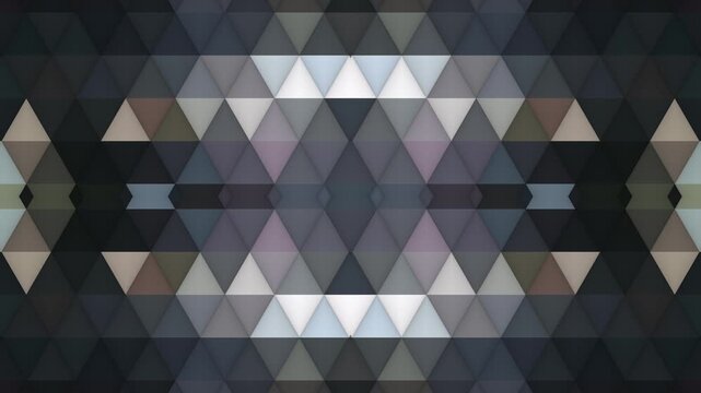 A perfectly mirrored VJ loop featuring a geometric mosaic of cool slate, muted taupe, and deep charcoal triangles. The symmetrical pattern creates a professional backdrop for live stage visuals.