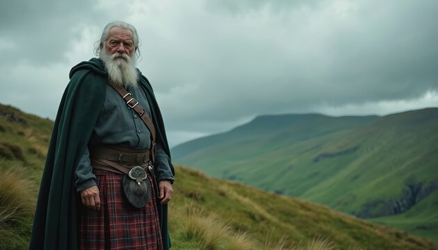 Elderly Scottish man with long white beard stands on green hill wearing kilt and cloak. Male highlander poses in moorland landscape with dramatic clouds above. He looks into distance.