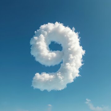 Fluffy cloud shaped number nine floats in bright blue sky. Airy, white, numeral symbol signifies creativity imagination and dreams. Peaceful, clean, artistic, uplifting concept.
