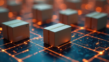 Cardboard boxes arranged on digital circuit board grid. Scene represents supply chain management, logistics. Data flows between packages on futuristic network. Efficient delivery systems visualized.