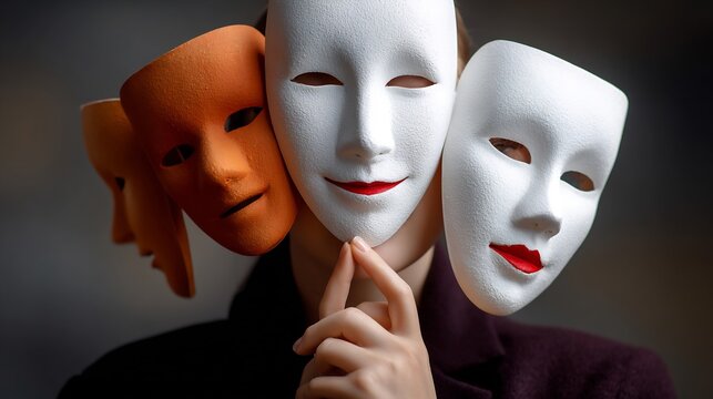 Personality psychology concept multiple masks showing different emotions identity self reflection psychological traits conceptual art minimalist background studio lighting high contrast