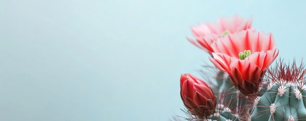 Pink cactus blossoms bloom against a light blue background