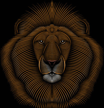 Portrait de lion majestueux en illustration lin&eacute;aire dor&eacute;e sur fond noir, symbole de force, puissance et &eacute;l&eacute;gance