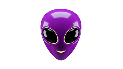 Purple alien face with large black eyes and a smiley mouth