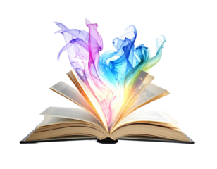 Open book releasing abstract light shapes, imagination and creativity concept, white background