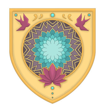 Blason d&eacute;coratif ornemental avec mandala floral, fleur de lotus et oiseaux stylis&eacute;s, illustration symbolique et spirituelle