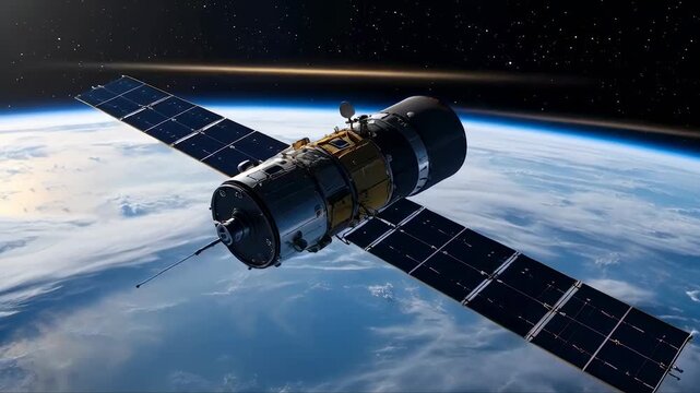 A satellite orbits Earth at a high altitude. It collects various data and transmits information back to ground stations for analysis and research.
