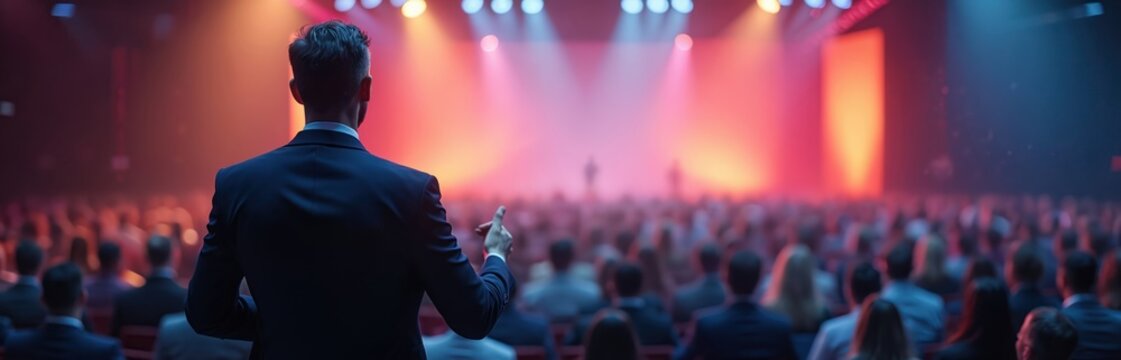 Man speaks at corporate event conference. Businessman makes presentation on stage, addressing large audience. Concept of seminar, business meeting, public speech, debate, summit keynote. Speaker in