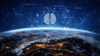 AI brain network powered by machine learning processes vast data through intelligent connections,...