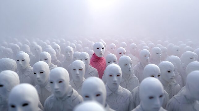 Pluralistic ignorance social conformity massive crowd of people all wearing identical featureless white mask standing dense fog no one moving single person center unmasked looking terrified but