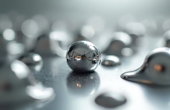 Close up photo shows shiny liquid mercury drops on surface. Metallic spherical droplets with reflection, blurred background. Science, chemistry, and toxic elements concept.