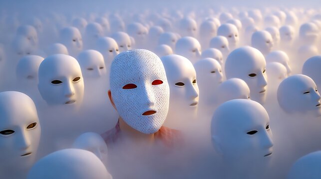 Pluralistic ignorance social conformity massive crowd of people all wearing identical featureless white mask standing dense fog no one moving single person center unmasked looking terrified but